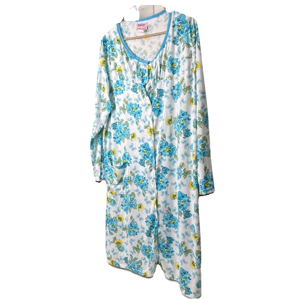 BETSY TW Nightgown Women's XXL Floral Blue LONG Sleeve Loungewear Very Soft